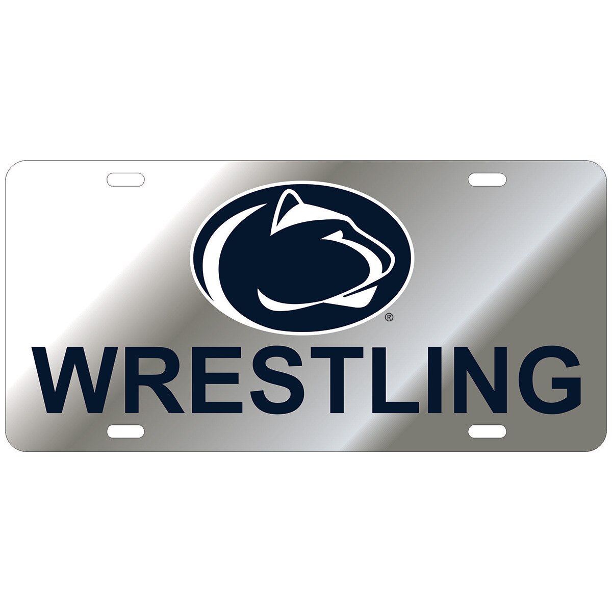 silver mirrored license plate with Penn State Athletic Logo above Wrestling